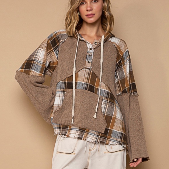 POL Tops - POL Plaid Oversized Hoodie Women's Plaid Contrast Top with Raw edge detail #S28